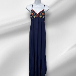 Flying Tomato Navy Embroidered Maxi Dress with Floral Bodice Size M EUC
